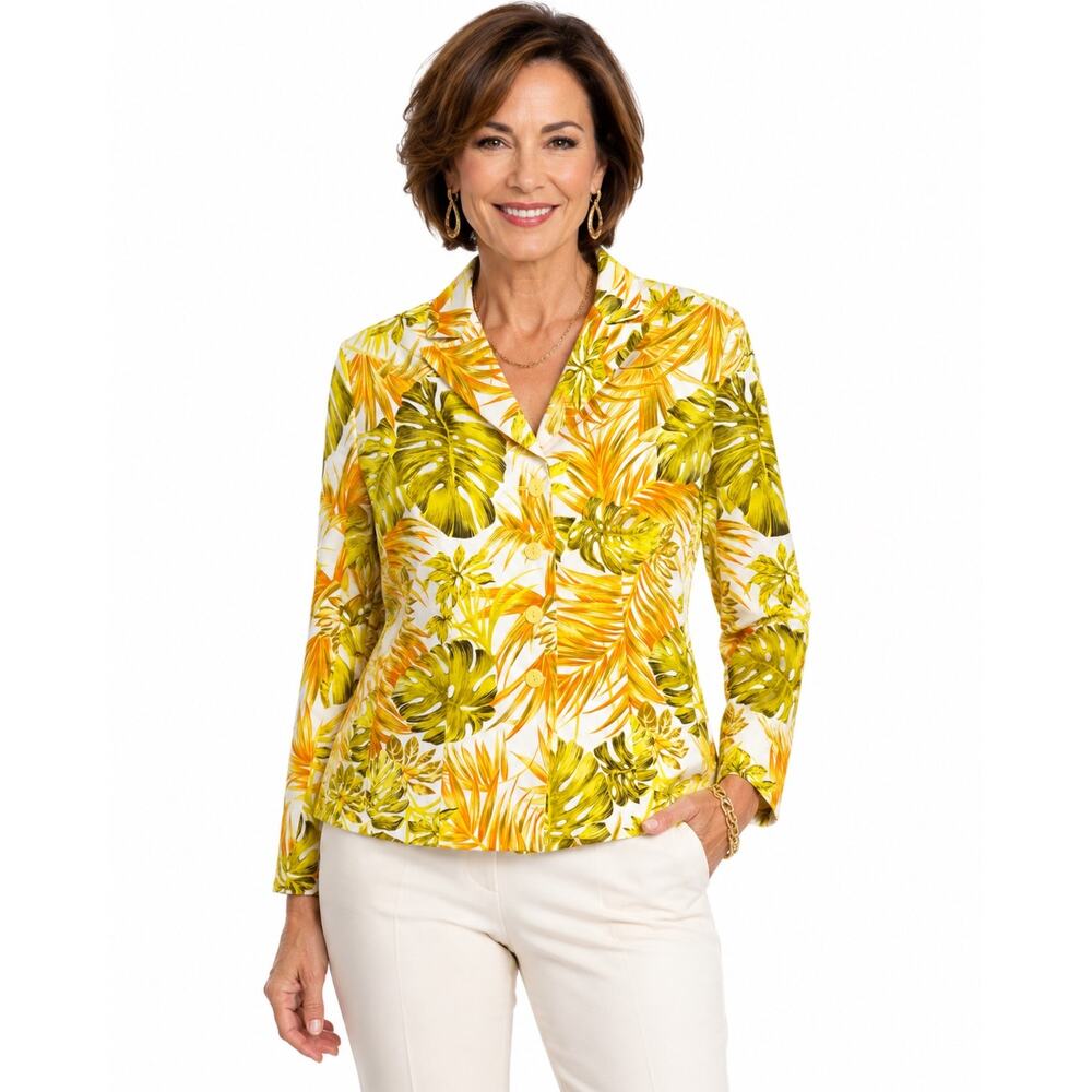 Le Suit Yellow Tropical Leaf Blazer
